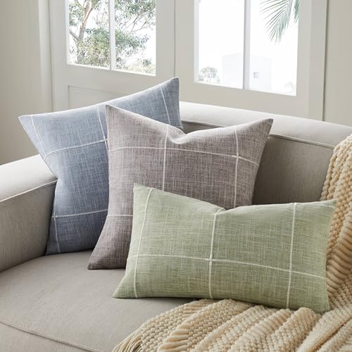 YZJZEDS 2 Packs Grid Embroidery Throw Pillow Covers, 22x22 Inch Blue, Farmhouse Linen Decorative Dusty Blue Cushion Covers...