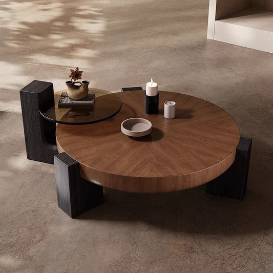 Walnut Coffee Table Set With A Round Tea Table