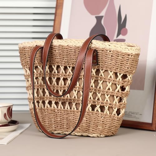 Tavaleu Straw Beach Bags for Women, Tote Handbag Shoulder Bag for Women, Beach Straw Purse Buckets Summer Fashion Hobo Bags