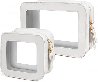 FFpaw 2 Pcs Travel Clear Makeup Bag Set, Clear White Makeup Organizer with Zipper Leather Travel Bags for Toiletries Small...