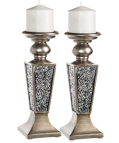 Creative Scents Schonwerk Silver Pillar Candle Holder Set of 2 - Crackled Mosaic Design - Centerpiece Table Decoration - C...