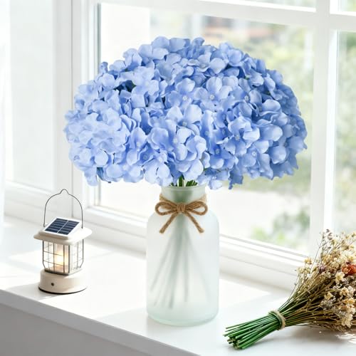 Cherica 65Pcs Blue Hydrangea Artificial Flowers Bulk，Realistic Silk Fake Flowers with Stems，Faux Hydrangea Flowers for Wed...