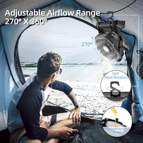 Camping Fan Rechargeable, 20000mAh Battery Powered Portable Fan with LED Light & Hook, 4-Speed 270° Adjustable, Camping Es...
