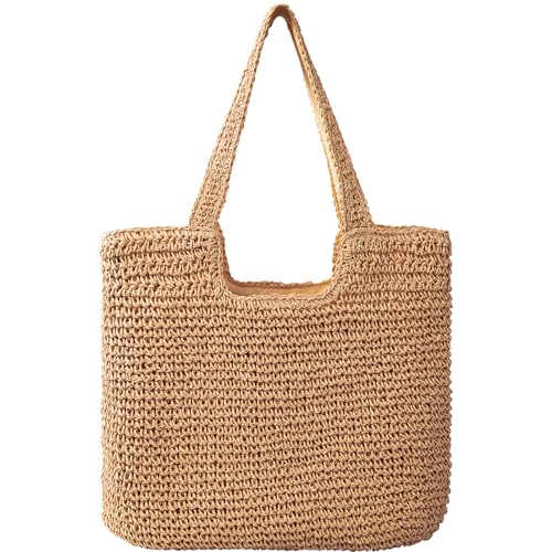 Pleneal Straw Beach Bags for Women - Women Beach Handmade Woven Tote Bag, Summer Mesh Hollow Shoulder Bag for Holiday