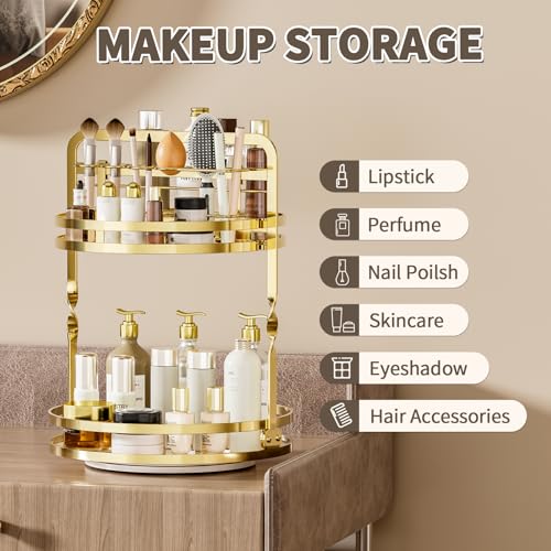 360° Rotating Makeup Organizer, 2-Tier Gold Perfume Organizer for Dresser, Bathroom Organizers Countertop, Perfume Shelf w...