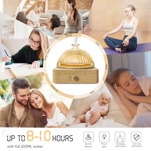 Glass Dome Essential Oil Diffuser with Glass Reservoir & Wood Base-No Plastic, 200ml Ultrasonic Diffuser for Aromatherapy ...
