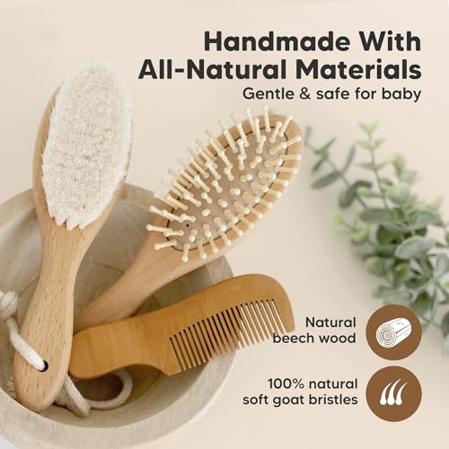 Baby Hair Brush Set for Newborns - Soft Goat Bristle Wooden Baby Brush and Comb Set Newborn Grooming Kit for Cradle Cap, D...