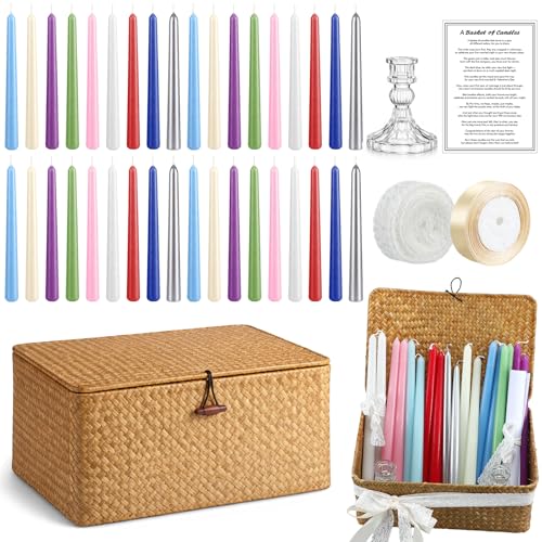 MTLEE Candlestick Wedding Poem Gift Box 18 Colored Taper Candles 2 Glass Taper Candlestick Holders Storage Basket White La...