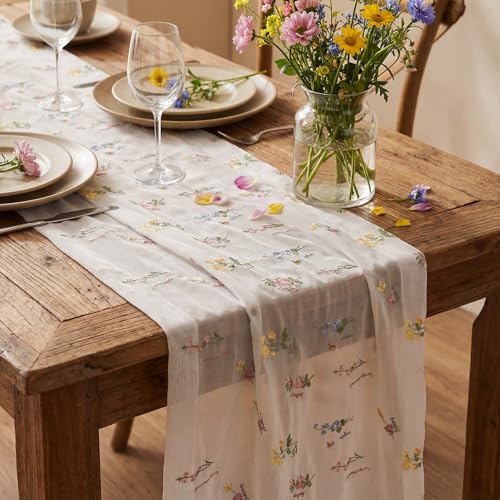 Remagr 9.8 ft Floral Table Runner Embroidery Flower Seasonal Table Decorations Tulle Fabric for Home Indoor Decor, Bridal ...