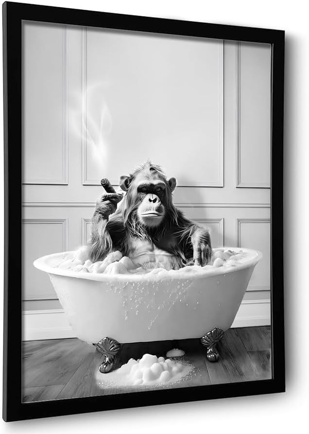 Framed Bathroom Decor Wall Art, Chimpanzee in Bathtub, Black and White Wall Art, Funny Bathroom Wall Decor Signs, Cute Ani...