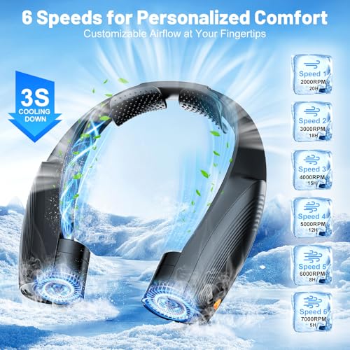 Portable Neck Fan with 6 Powerful Speeds, 8000mAh Battery Operated USB-C Rechargeable Fan, 20H Runtime, Hands-Free 360° Co...