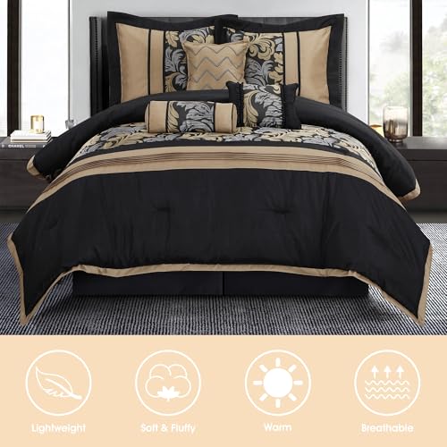 LANCO MODERN LIFESTYLE Black Gold Queen Comforter Set, 7 Piece, Gorgeous Floral Jacquard with Piecework, Soft for All Seas...