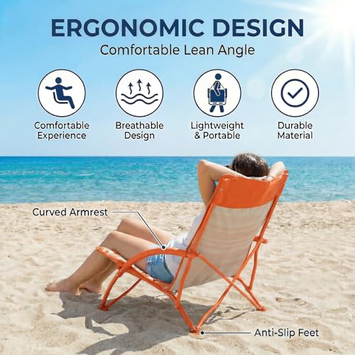 LANMOUNTAIN 2 Pack Low Beach Chair,Folding Recliner Camping Chair for Adults,Lightweight Backpacking Low Seat Camping Chai...