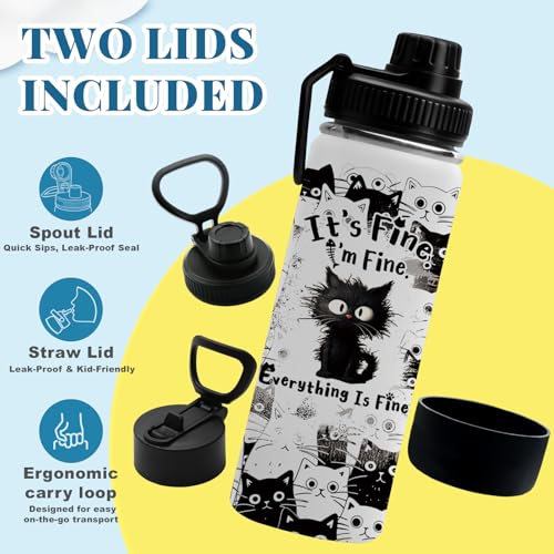 Cat Gifts for Women, 18oz Fine Cat Water Bottle with Straw Lid & Spout Lid - I'm Fine Black Cats Insulated Water Bottles, ...