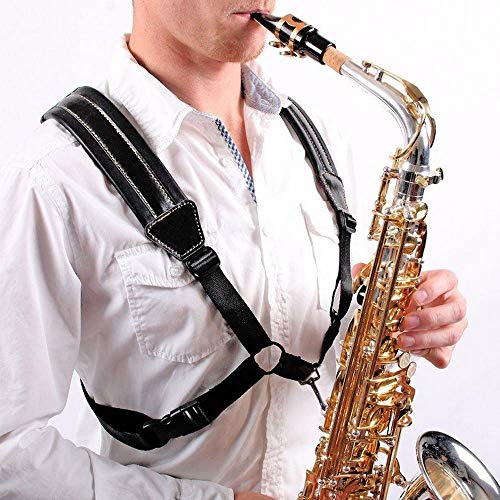 Rayzm Saxophone Strap, Universal Double Shoulder Leather Strap for Sax, Adjustable Padded Harness Strap for Alto Tenor Bar...