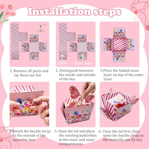 Butterfly Surprise Explosion Gift Box,Floral Printed Exploding Fantasy Box Pink DIY Creative Flying Butterfly Gift Package...