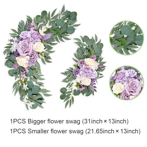 Roahosy Wedding Arch Flowers (Pack of 2), Purple Flower Swag Wedding Welcome Sign Floral Arrangements for Wedding Ceremony...