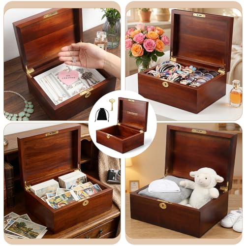 Wooden Storage Box with Hinged Lid and Locking Key Large Memory Box For Keepsakes Acacia Wood Boxes Memory treasure Wood B...