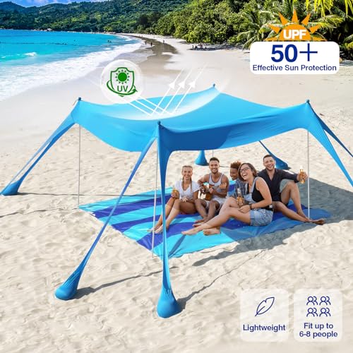 Rhino Valley Beach Tent Shade Canopy UPF50+ Protection, 8 Sandbags, 4 Stability Poles, Outdoor Sun Shelter Umbrella for Sa...