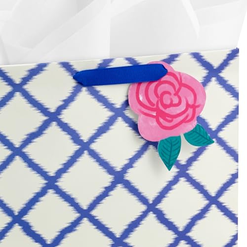 Hallmark 13" Large Gift Bag with Tissue Paper and Gift Tag (Pink Flower on Blue Plaid) for Valentine's Day, Mother's Day, ...