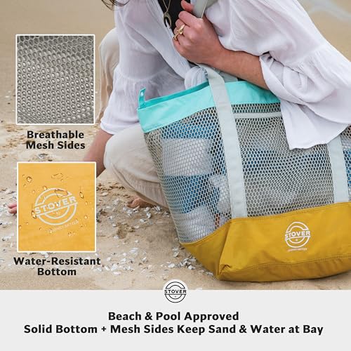 STOVER Extra Large Mesh Beach Bag, Vacation, Pool, Shopping & Travel Tote - Foldable w/Storage Pouch & Pockets for Women, Men
