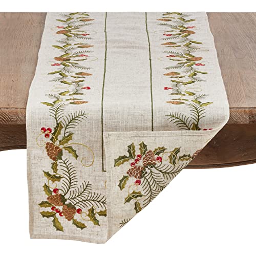 SARO LIFESTYLE 1851.N16108B Joyeuses Fêtes Collection Embroidered Pinecone And Holly Table Runner, 16" x 108", Natural