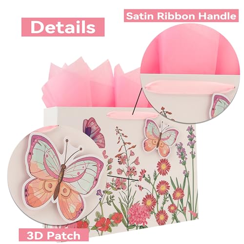 Qirrmiy 16.5” Extra Large 3D Butterfly Gift Bag Set with Handles, Greeting Card, Pink Tissue Papers and Stickers for Women...