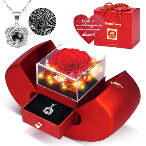 Preserved Real Red Rose Necklace Set with Light Up Box & 100 Languages I Love You Necklace,Mothers Day Rose Gifts for Mom,...