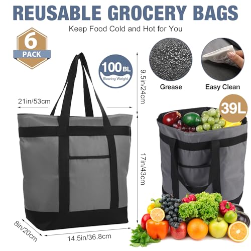 Pickmesh 6 Pcs Large Insulated Cooler Bag with Thermal Foam Insulation, Gray, Grocery, Travel, Beach, Pizza Delivery, Food...