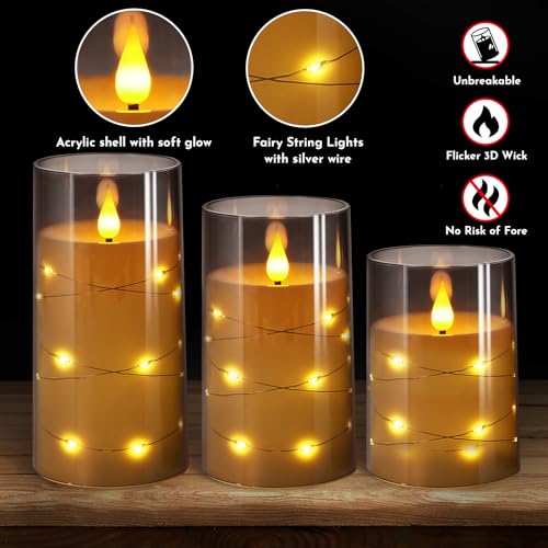 NURADA Flickering Flameless Candles: Built-in Star String Lights 3D Wick Acrylic Battery Operated LED Pillar Candles with ...