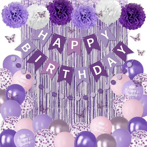Purple Birthday Decorations for Women Girls, Lavender Pink Confetti Metallic Printed Balloons Butterfly Stickers Fringe Cu...