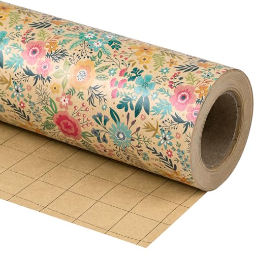 WRAPAHOLIC Kraft Floral Wrapping Paper Roll - Mini Roll - 17 Inch x 9.8 Feet - Spring Summer Garden Flower Design Perfect ...