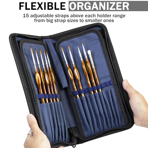 DUGATO Short Paint Brush Holder & Organizer 5.4x10.7 Inches, Blue Canvas Bag for Brushes up to 9.3" Length, Case with 15 S...