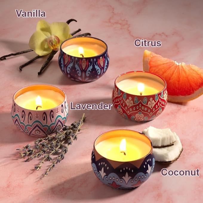 LOVERY 4 Pack Soy Candle Gift Set, Scented Candles, 10% Essential Oil Aromatherapy, 120h Burning, Stress Relief Gifts for ...