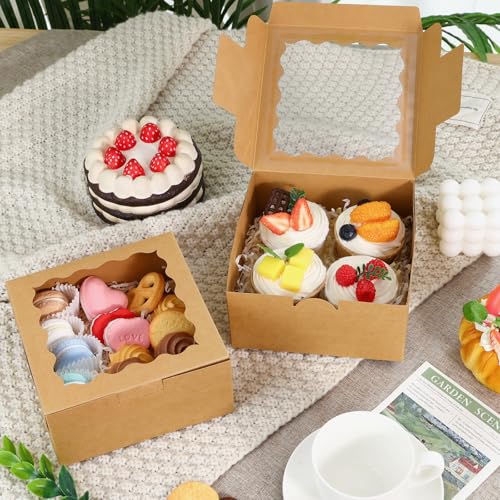 Moretoes 15pcs Cookie Boxes with Window, 6x6x3in Brown Bakery Boxes for Treats, Small Cake, Desserts, Donuts, Pastry