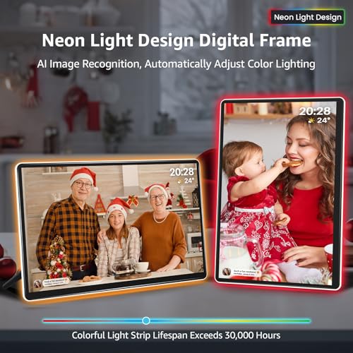 ApoloSign Neon Light Digital Picture Frame - 14" 2K FHD Display | AI Color-Changing LED Strip Digital Photo Frame | Quick ...