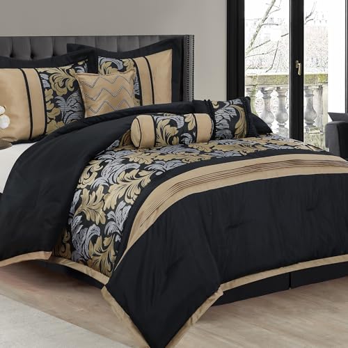 LANCO MODERN LIFESTYLE Black Gold Queen Comforter Set, 7 Piece, Gorgeous Floral Jacquard with Piecework, Soft for All Seas...
