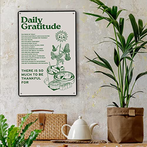 Room Decor Aesthetic Wall Decor Daily Gratitude Inspirational Metal Tin Sign, Green Boho Home Coffee Room Wall Office Deco...