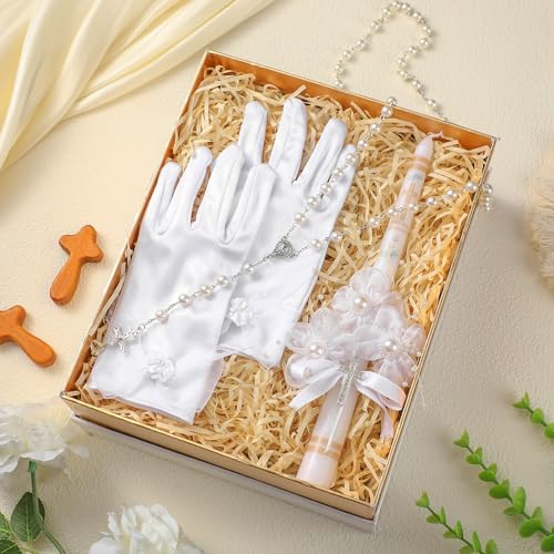 Conelist 3 Pcs First Holy Communion Candle Set for Girls Baptism Taper Candle with Rosary Beads Catholic Necklace Satin Gl...
