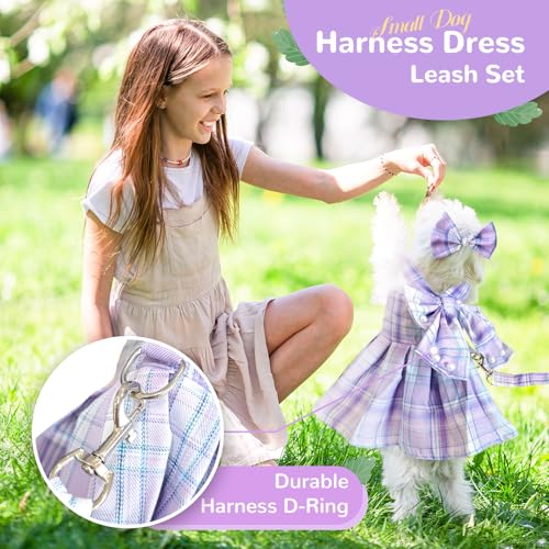 PETCARE Cute Dog Dress Clothes for Small Dogs Cats Girl Female Purple Plaid Bow Tie Dog Harness Dresses Leash Set with Pea...