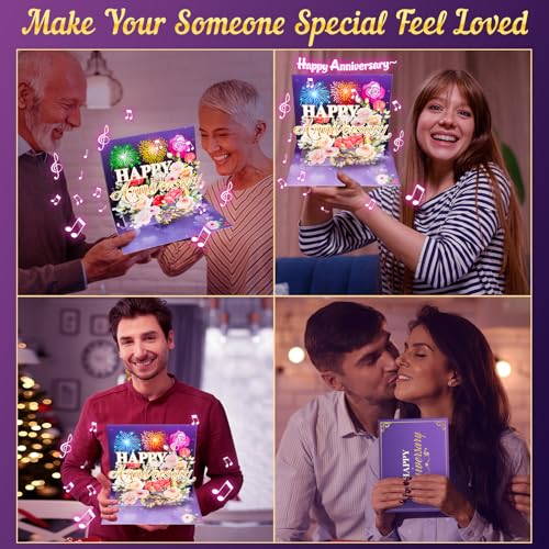 Anniversary Card, Music & Light Pop up Valentine's Card with Fireworks Flowers Gifts for Him Her Husband Wife Couple (Purple)