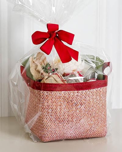 JOYIT 10PCS Extra Large Cellophane Wrap for Gift Baskets, 30x40 Inch Clear Cellophane Bags with 10 Red Bows, 3 Mil Thicker...
