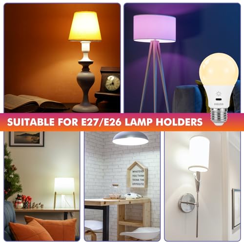 LED Rechargeable Light Bulbs With Remote ＆ Touch Dimmable, E26 Battery Operated Light Bulb for Lamps, RGB 12 Colors, 2600m...
