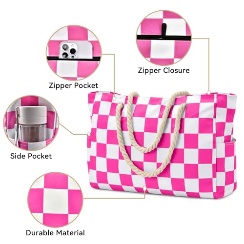 Becokan Beach Bags for Women Checkered Large Beach Tote Bag Zipper Beach Bags Waterproof Sandproof Canvas Swim Pool Bag