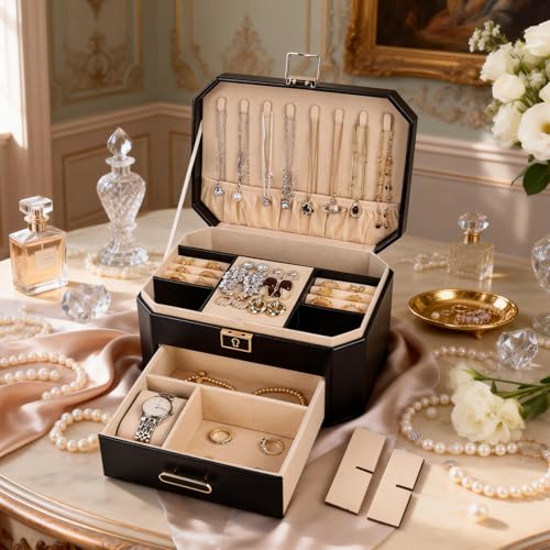 Greenfeather Jewelry Organizer Box for Women, Decorative Storage Box with Lid,Jewelry Box with Lock and Key,2 Tier Jewelry...