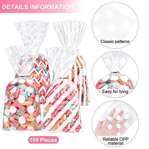 Aodaer 100 Pieces 10.6 x 5.1 In White Cellophane Bags Plastic Candy Gift Bag Cellophane Treat Bags with Twist Ties Stripes...
