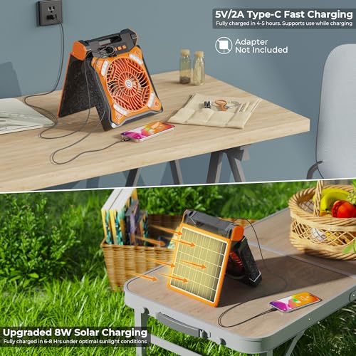 KITWLEMEN Upgraded Solar Camping Fan with Lantern - Rechargeable Battery Operated Fan, 36H Run Time Max, 4 Speeds, 8H Time...