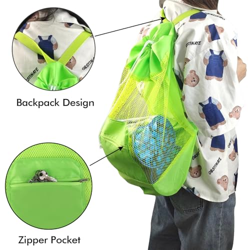 INVODA Mesh Beach Bag Drawstring Backpack - Foldable Lightweight Large Capacity, Adjustable Straps with Front Zipper Pocke...