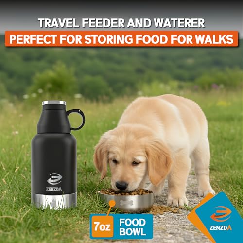 ZENZDA 3-in-1 Dog Water Bottle – Insulated Stainless Steel Travel Bottle with Food Bowl, Leakproof, Carrying Bag & Brush