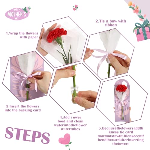 Eaasty 96 Set Mother's Day Themed Single Carnation Card Sleeve Gift Packaging Flower Holder with Floral Water Tubes Ribbon...